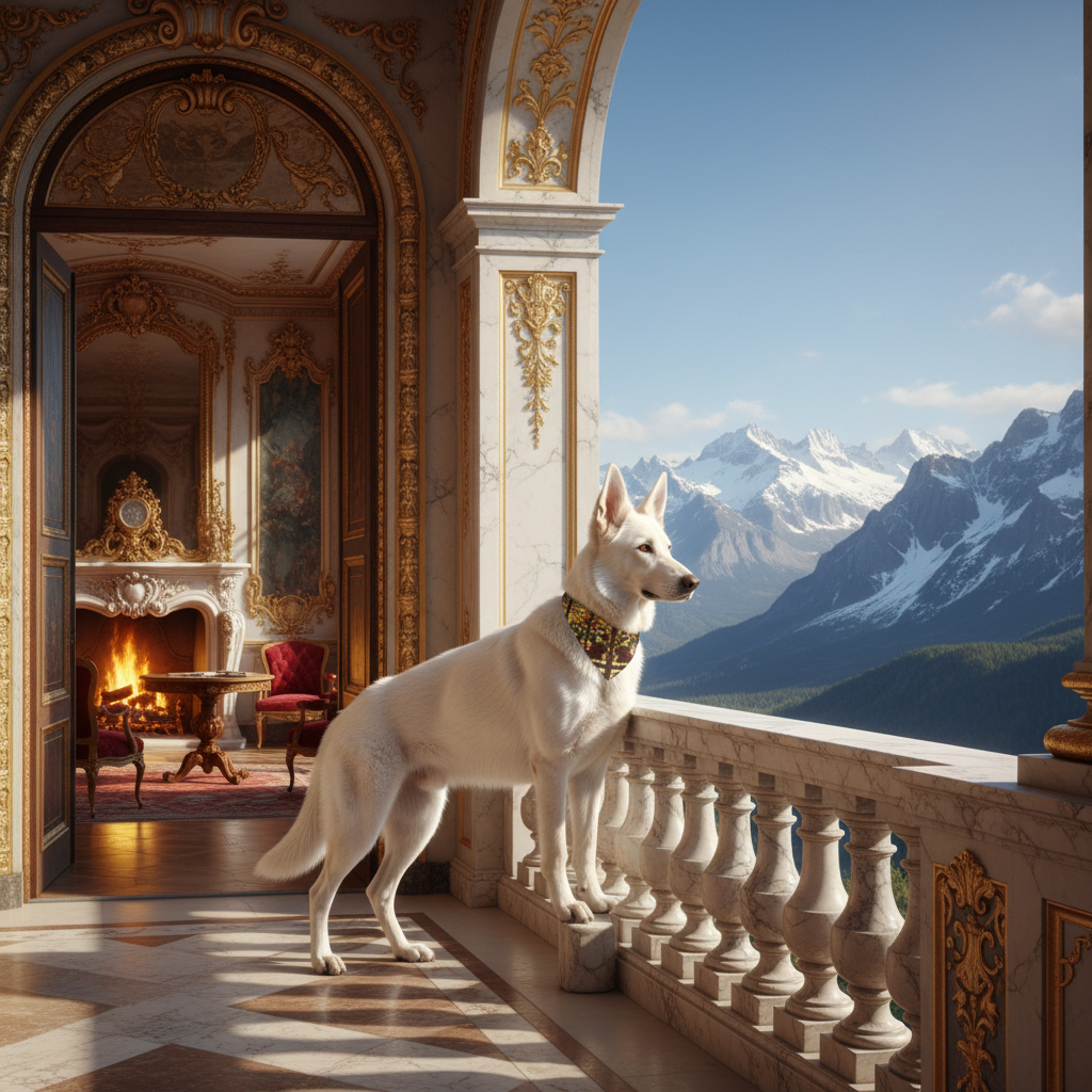 German Shepherd on balcony with interior fireplace