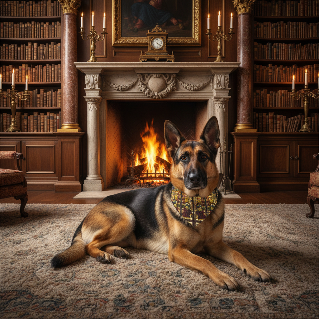 German Shepherd with one ear bent down wearing Angel of Annunciation bandana