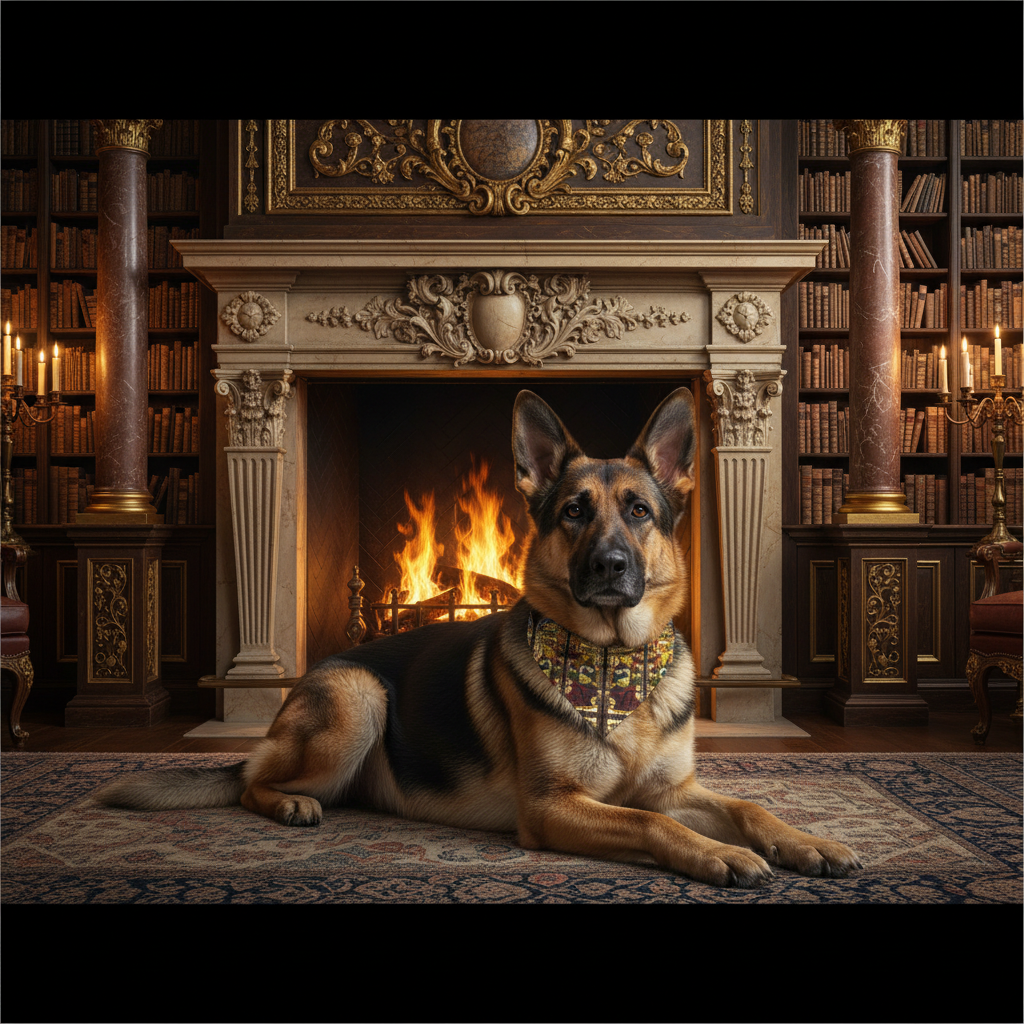 German Shepherd with one floppy ear wearing Angel of Annunciation bandana in Renaissance library