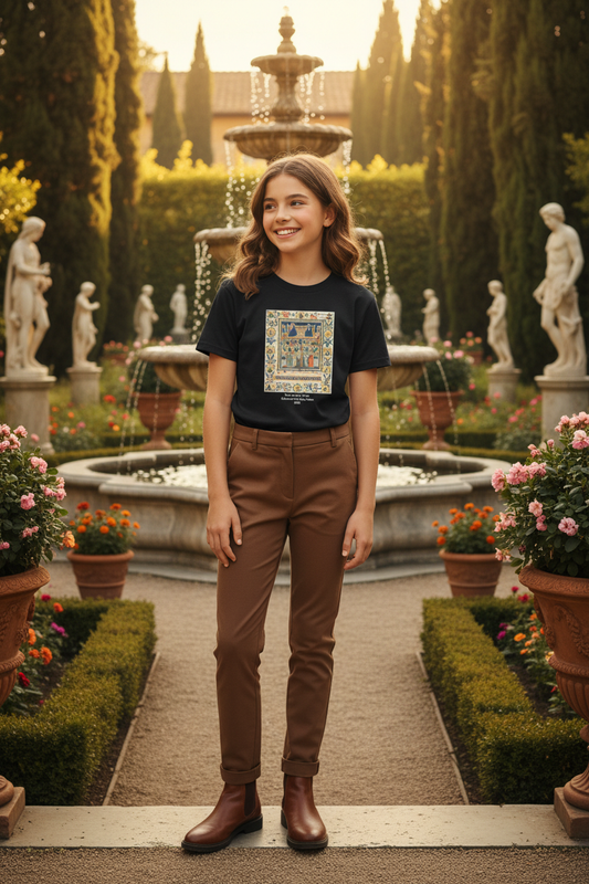 Girl youth in classy brown slacks and brown boots - Christ and the Virgin Enthroned tee