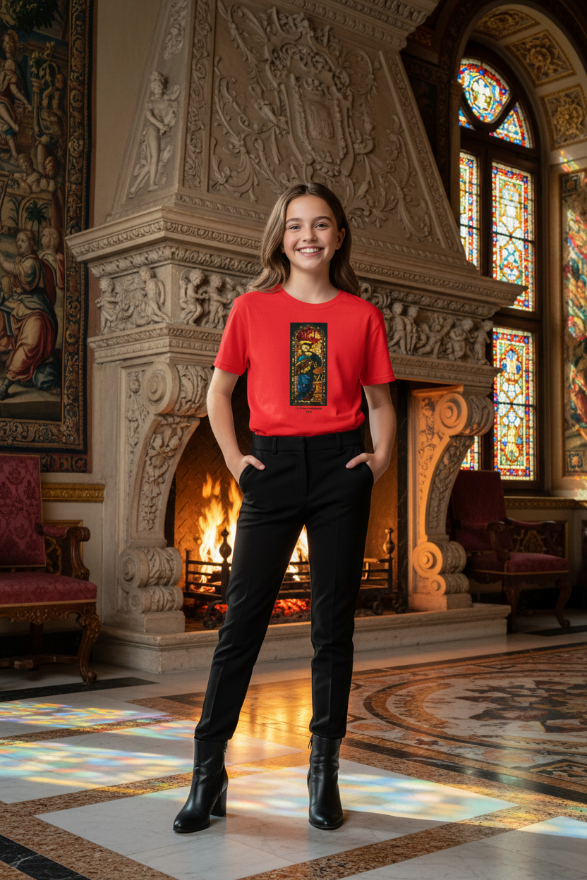 Girl youth in opulent Renaissance palace with fireplace and stained glass