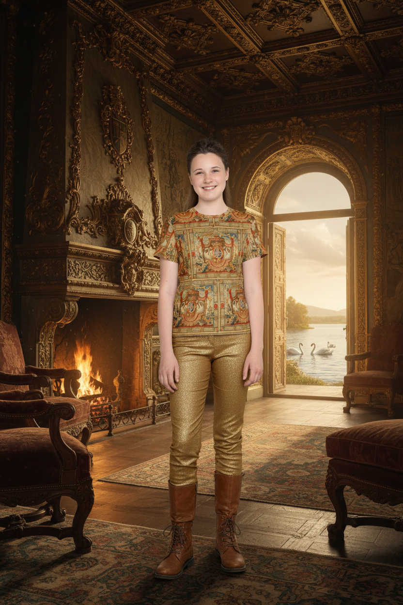 Girl youth model in golden slacks and brown boots