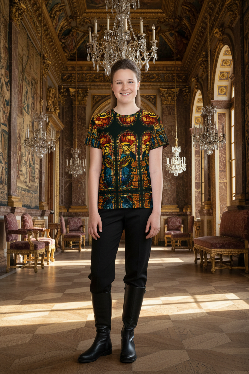 Girl youth model with shirt worn over black slacks