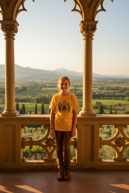Girl youth on golden Renaissance balcony overlooking countryside