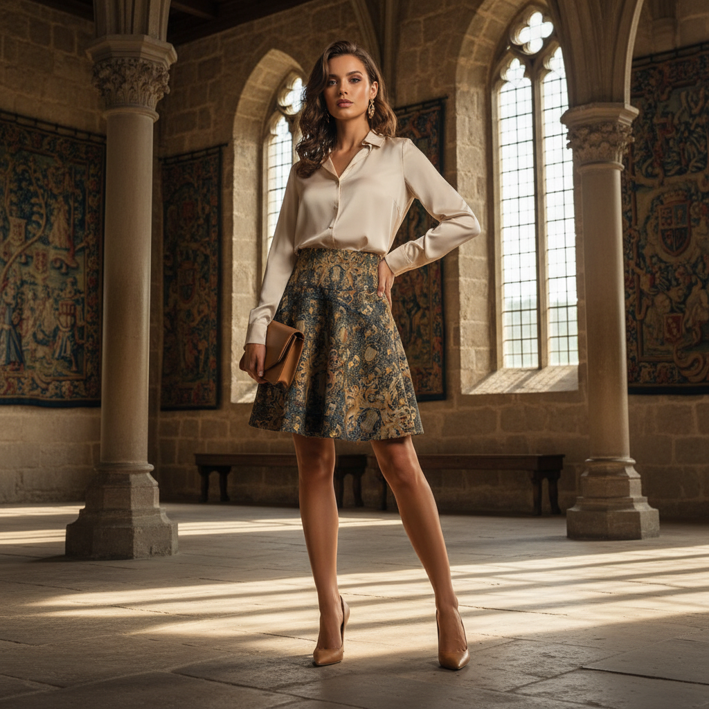 Glamorous model with beige shirt tucked into medieval tapestry skirt