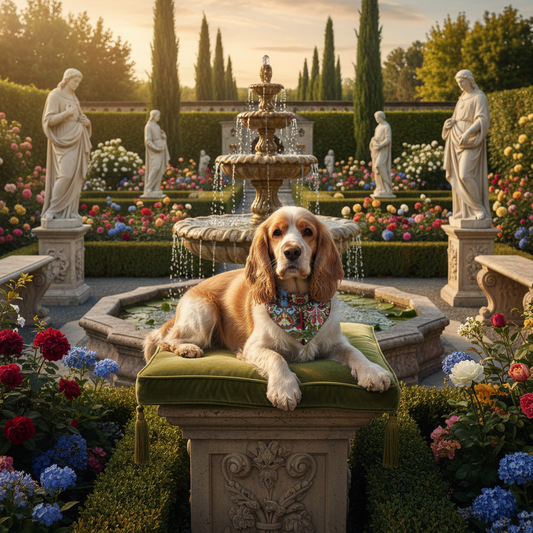 Gold and white cocker spaniel wearing Mary, Queen of Heaven bandana in Renaissance garden