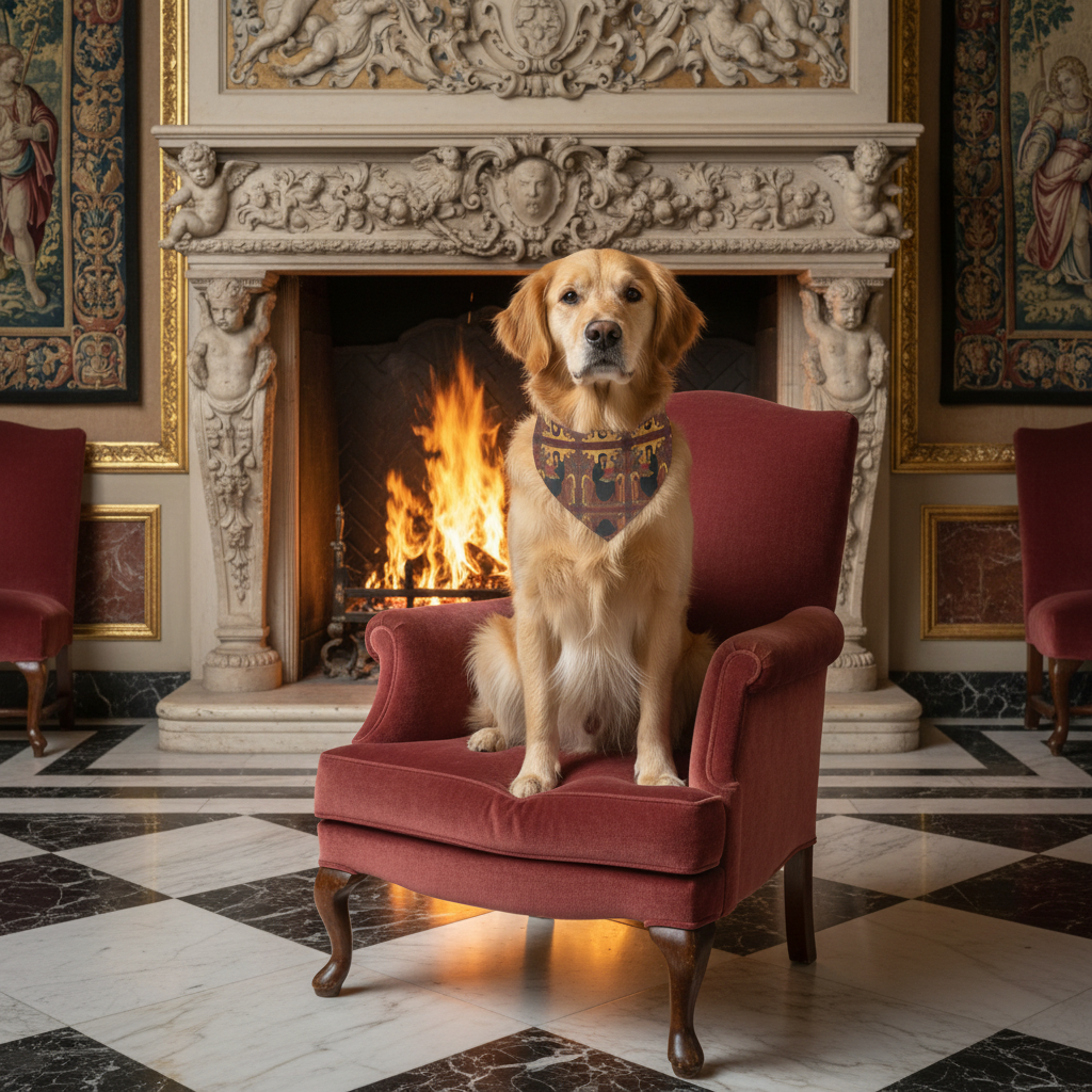 Golden retriever wearing Madonna and Child bandana with fabric on back by fireplace