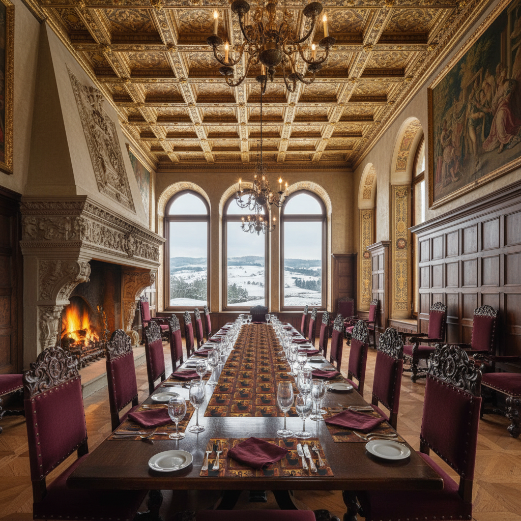 Gorgeous huge Renaissance dining room with Madonna and Child placemats, windows to snow-covered hills and glowing fireplace