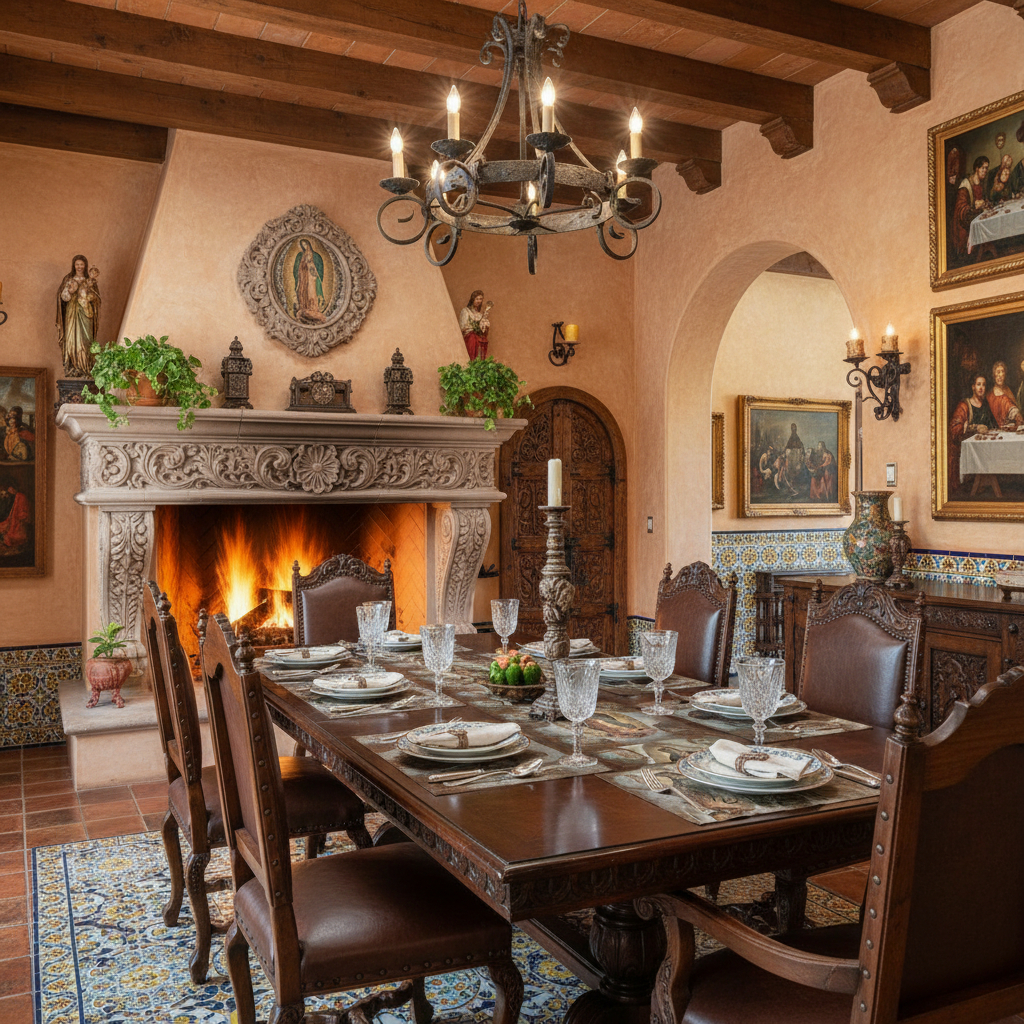 Gorgeous Mexican Renaissance home with fireplace and Virgin of Guadalupe placemats