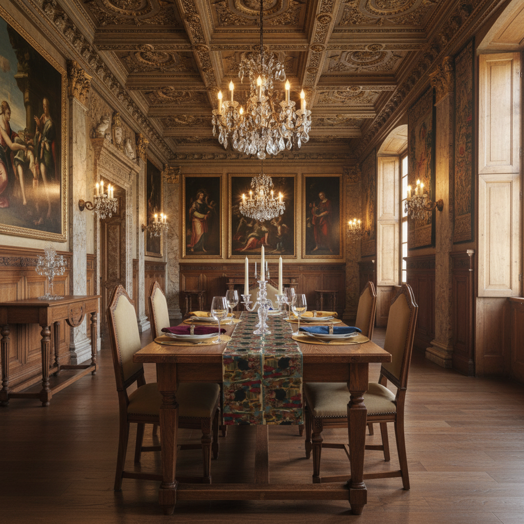 Grand Renaissance dining room with smaller table, detailed runner and crystal candleholders