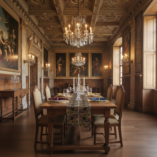 Grand Renaissance dining room with smaller table, detailed runner and crystal candleholders