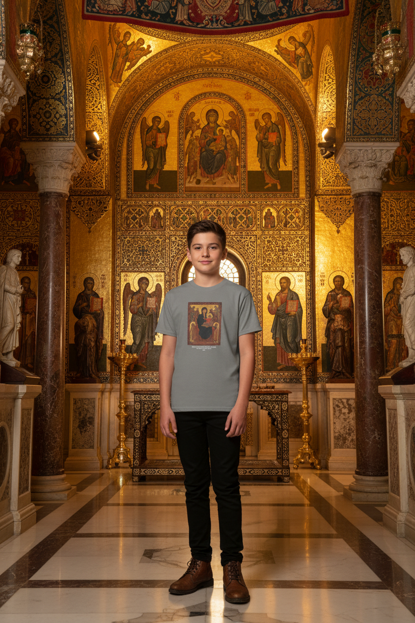 Handsome boy youth with black slacks and brown boots in Byzantine palace