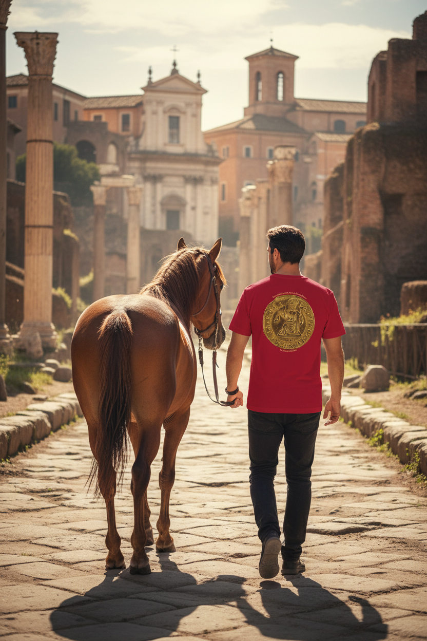 Handsome man wearing Christ Rising from the Tomb t-shirt and rugged black slacks - back view walking away leading Roman horse