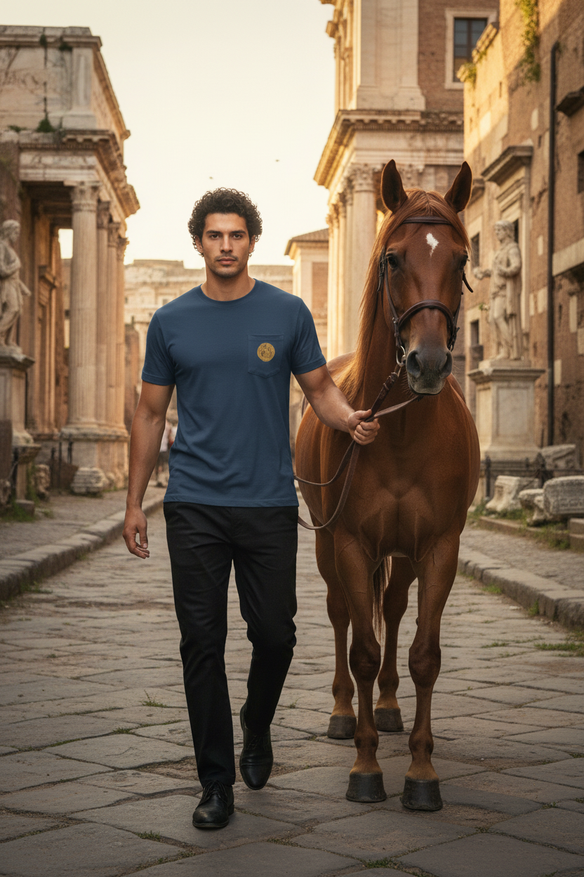 Handsome man wearing Christ Rising from the Tomb t-shirt and rugged black slacks - front view walking toward camera leading Roman horse