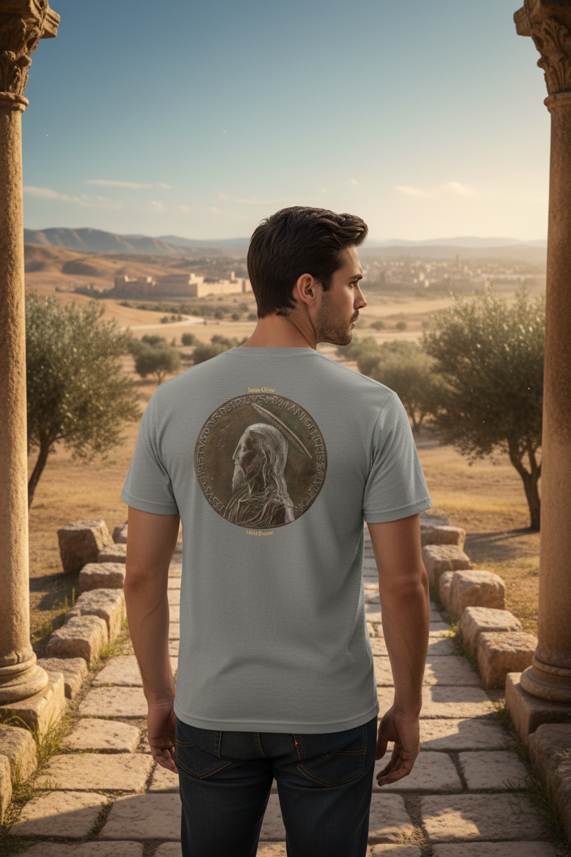Handsome man wearing Jesus Christ t-shirt - back view in biblical-era setting