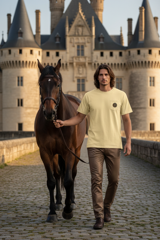 Handsome man with longer hair wearing Constantine and the Church t-shirt with smaller design and bronze slacks - walking horse in front of Renaissance castle