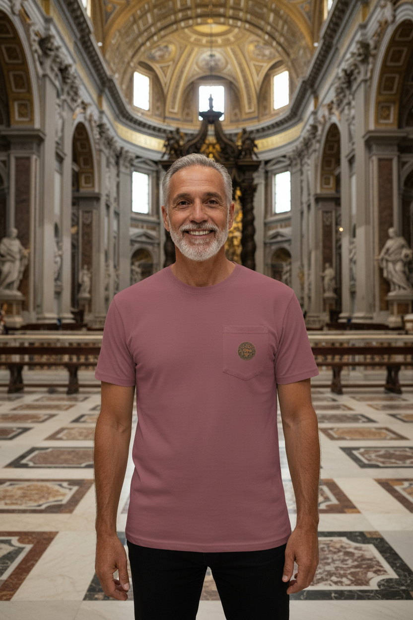 Handsome older man smiling wearing Consecration of Saint Peter's t-shirt and black slacks - front view inside Saint Peter's Basilica
