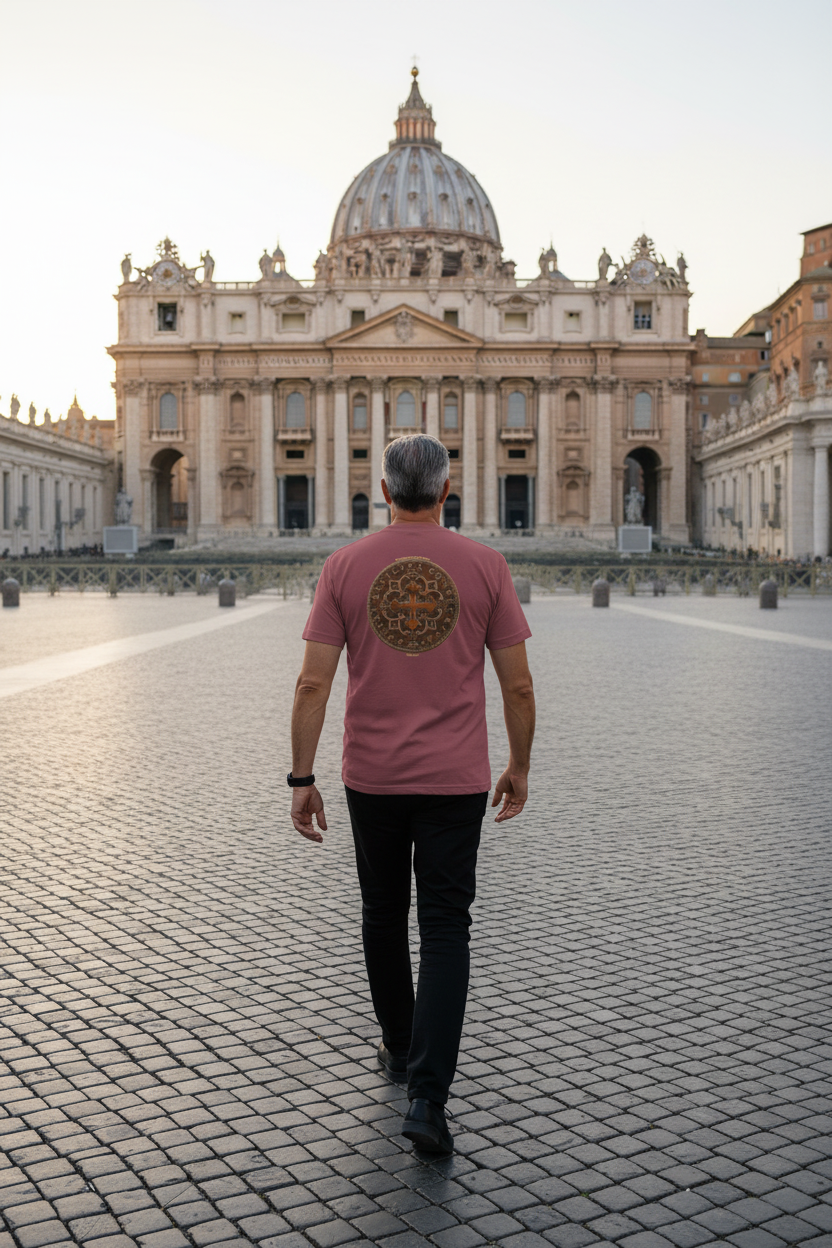 Handsome older man wearing Consecration of Saint Peter's t-shirt and black slacks - back view walking alone toward Saint Peter's Basilica