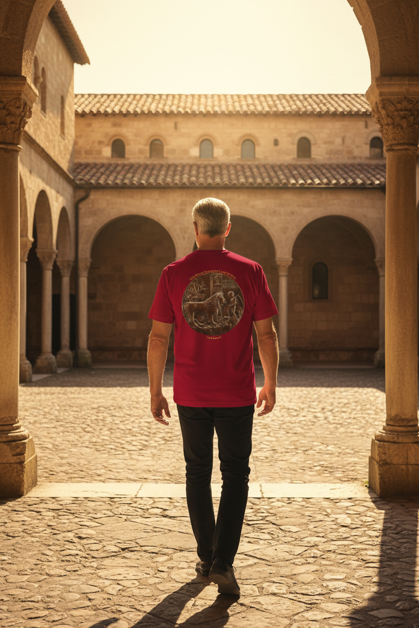 Handsome older man wearing Lion Being Taught by Cupid t-shirt and black pants - walking away in sunny medieval courtyard