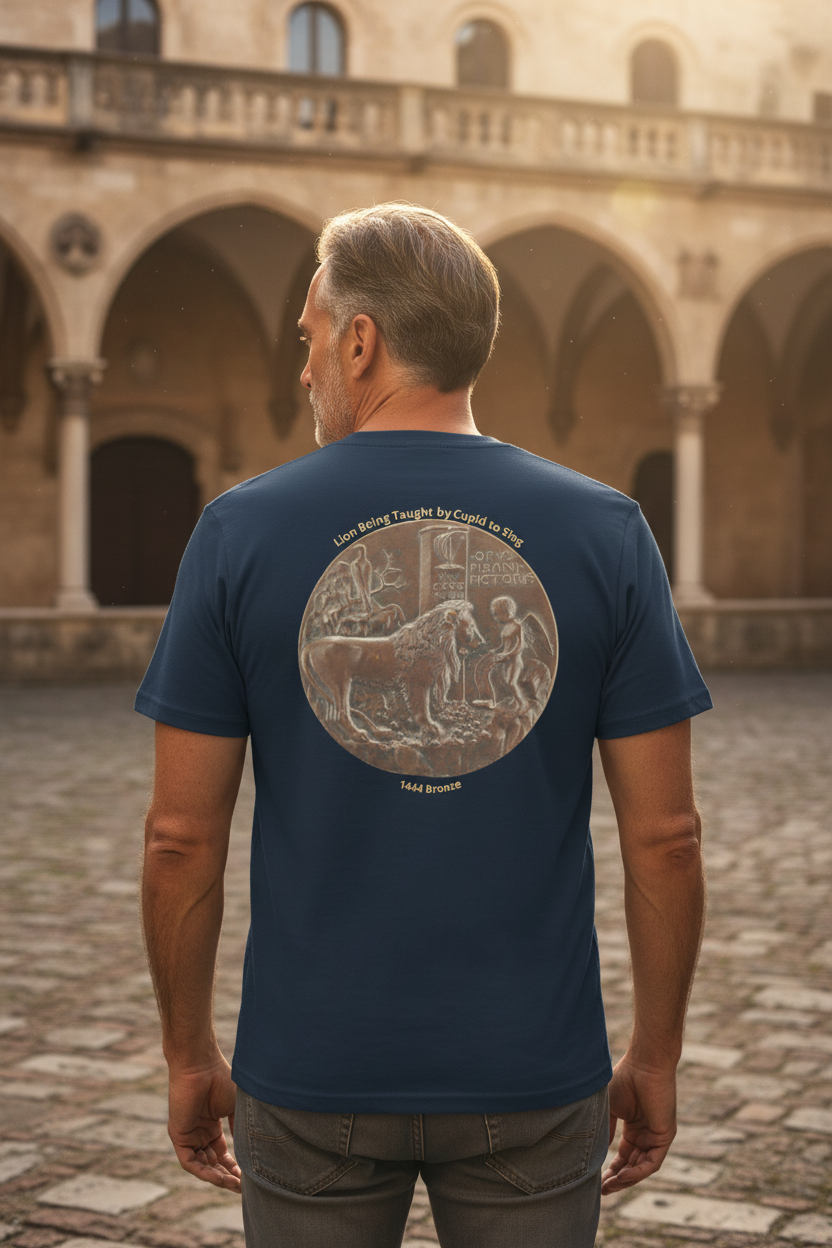 Handsome older man wearing Lion Being Taught by Cupid t-shirt - back view in sunny medieval courtyard