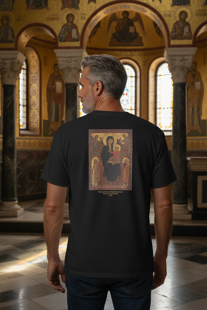 Handsome older man wearing Madonna and Child t-shirt - back view in Byzantine setting