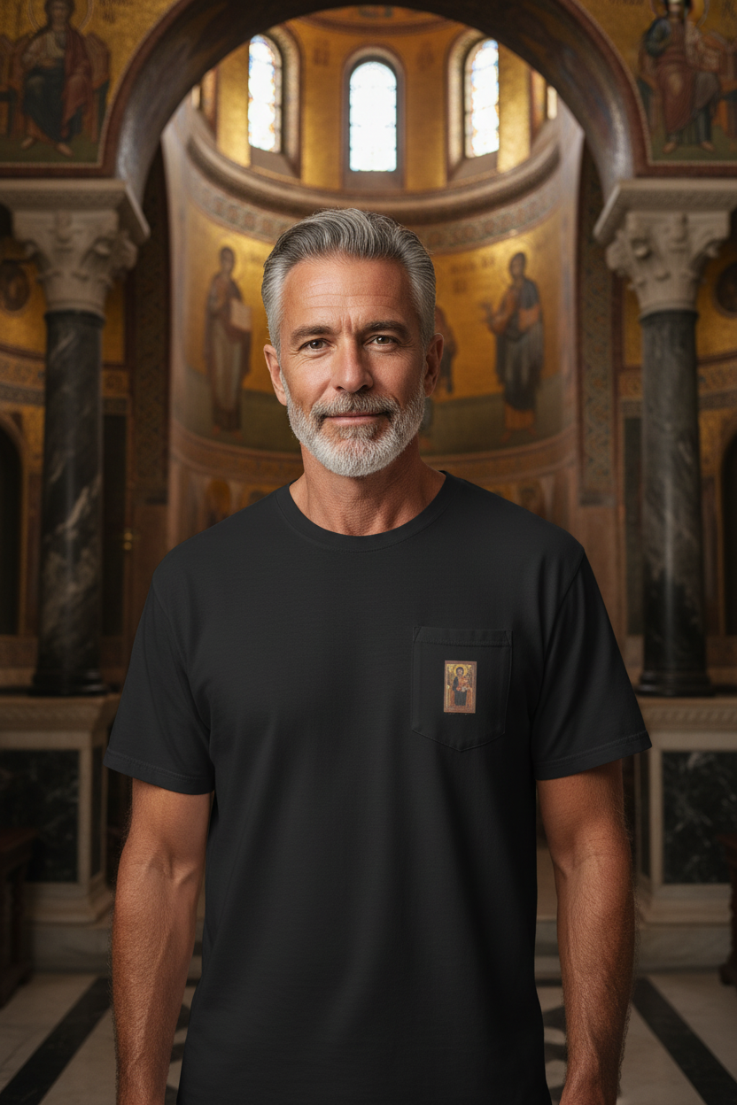Handsome older man wearing Madonna and Child t-shirt - front view in Byzantine setting