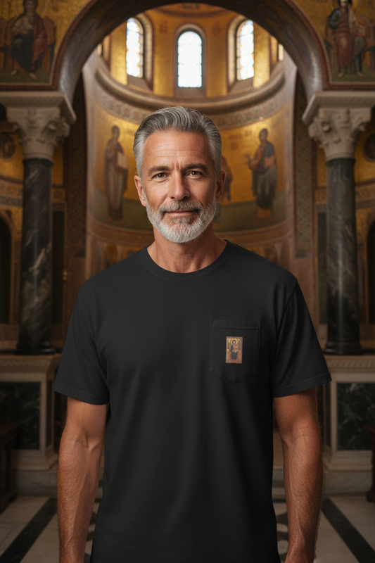 Handsome older man wearing Madonna and Child t-shirt - front view in Byzantine setting