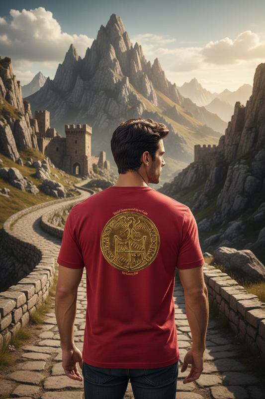 Handsome Roman man wearing Shield Surmounted by an Eagle t-shirt - back view on medieval mountain