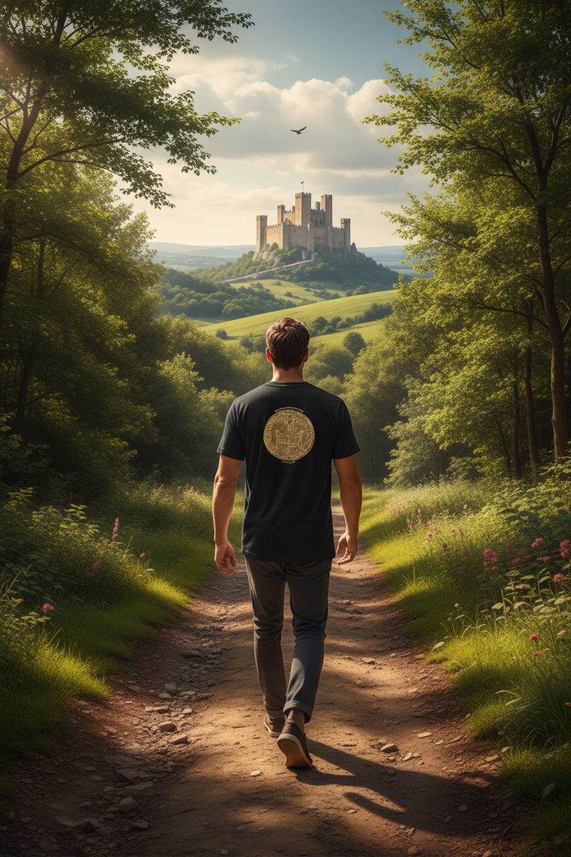 Handsome Roman man wearing Shield Surmounted by an Eagle t-shirt - back view on rustic woodland path with distant eagle and castle