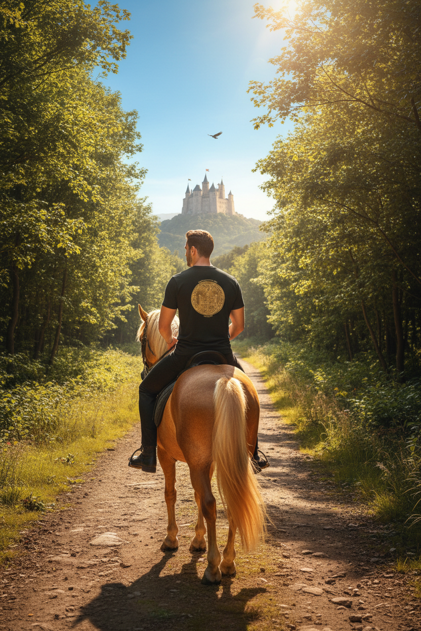 Handsome Roman man wearing Shield Surmounted by an Eagle t-shirt, black pants and boots - back view riding golden horse on sunny woodland path