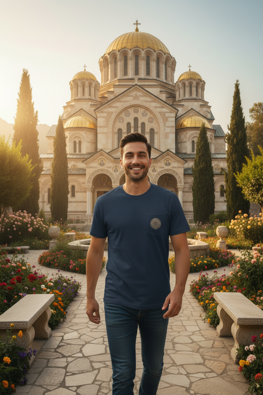 Handsome smiling man wearing Trigram IHS in Flaming Halo t-shirt with tiny front design - walking toward camera with Byzantine cathedral