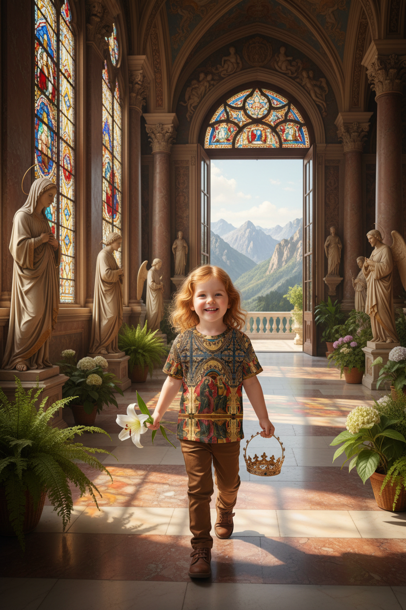Happy little girl in extremely bright open cathedral with stained glass on one side and mountain terrace on the other with plants and religious statues