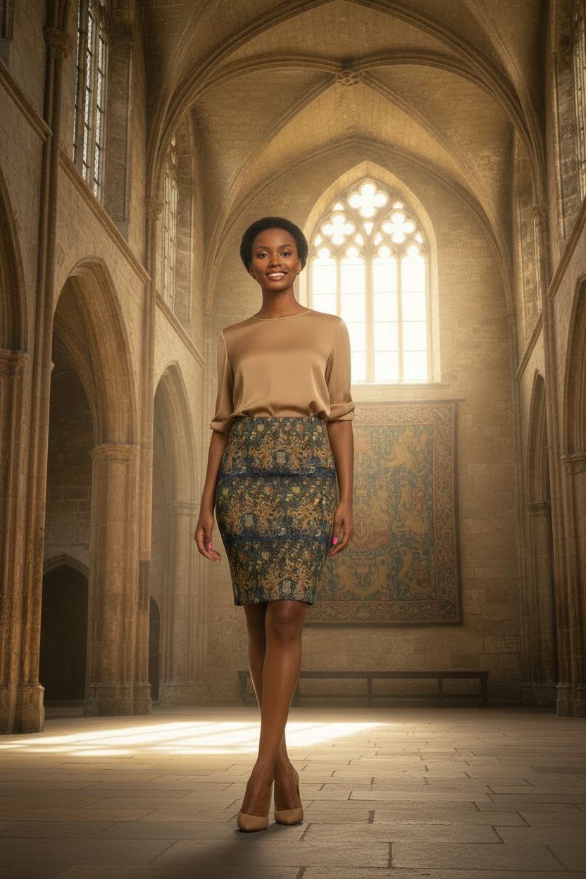 Happy model in bright sunny castle