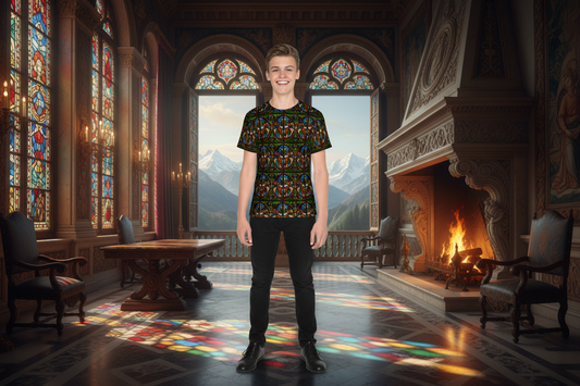 Happy youth wearing Angels Swinging Censurs t-shirt in Renaissance palace