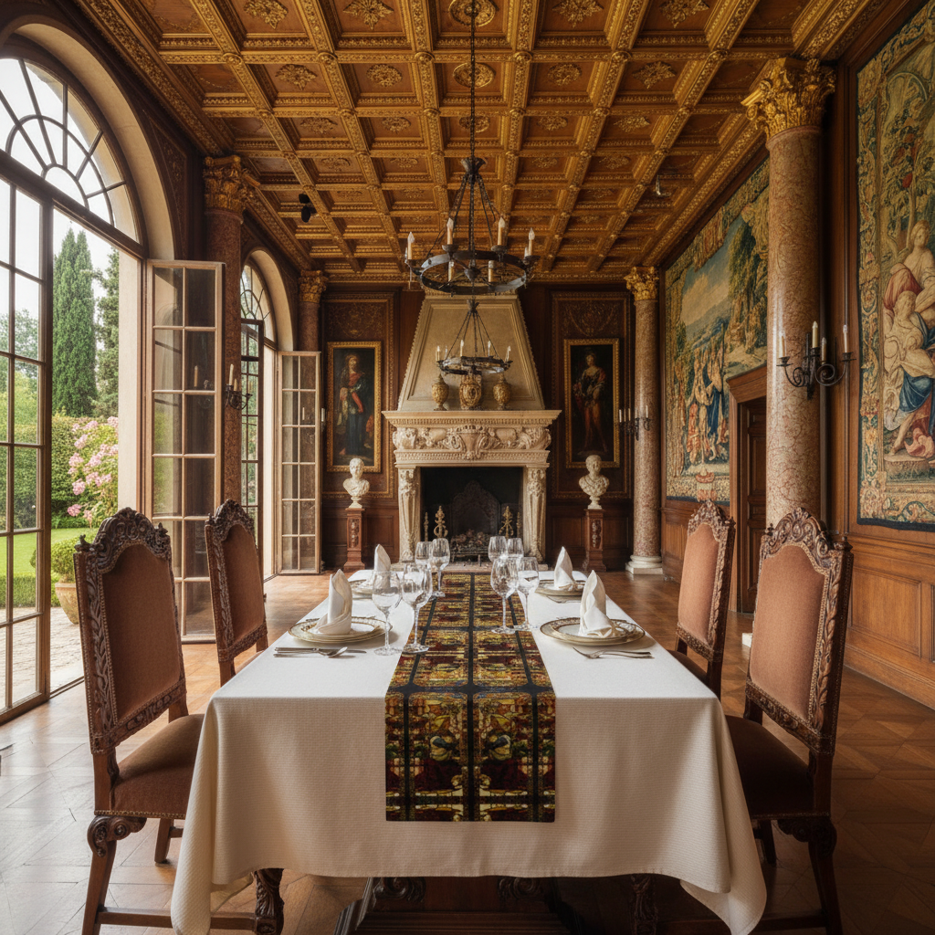 Huge Renaissance dining room with Angel of the Annunciation runner and fireplace