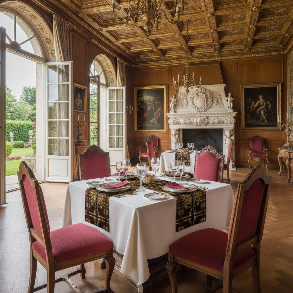 Huge Renaissance dining room with Angel of the Annunciation runner on smaller table