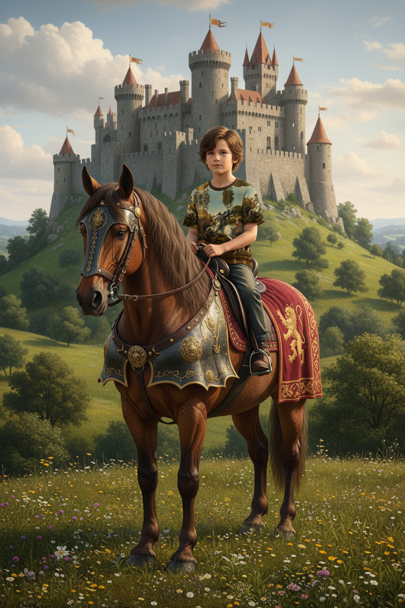 Kid on large horse in battle gear with no white neckline trim, castle on hill behind