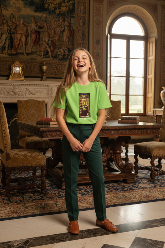 Laughing girl youth with long hair in opulent Renaissance home - The Angel of the Annunciation tee