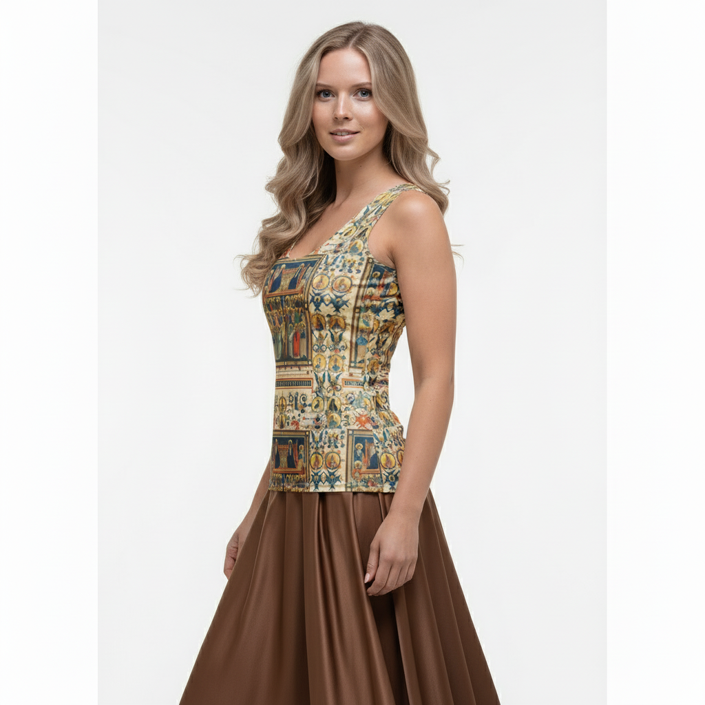Left front view - Model in brown long skirt