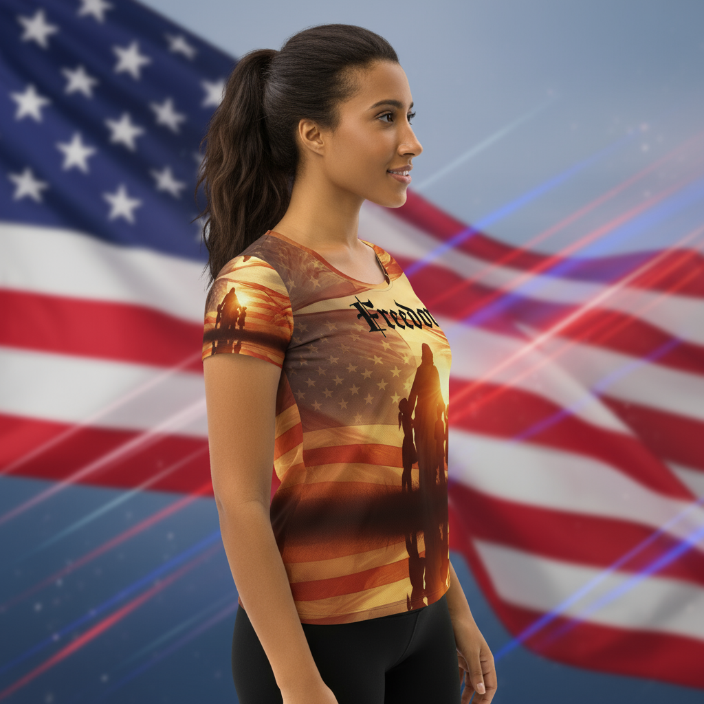 Left side view of model wearing Freedom shirt