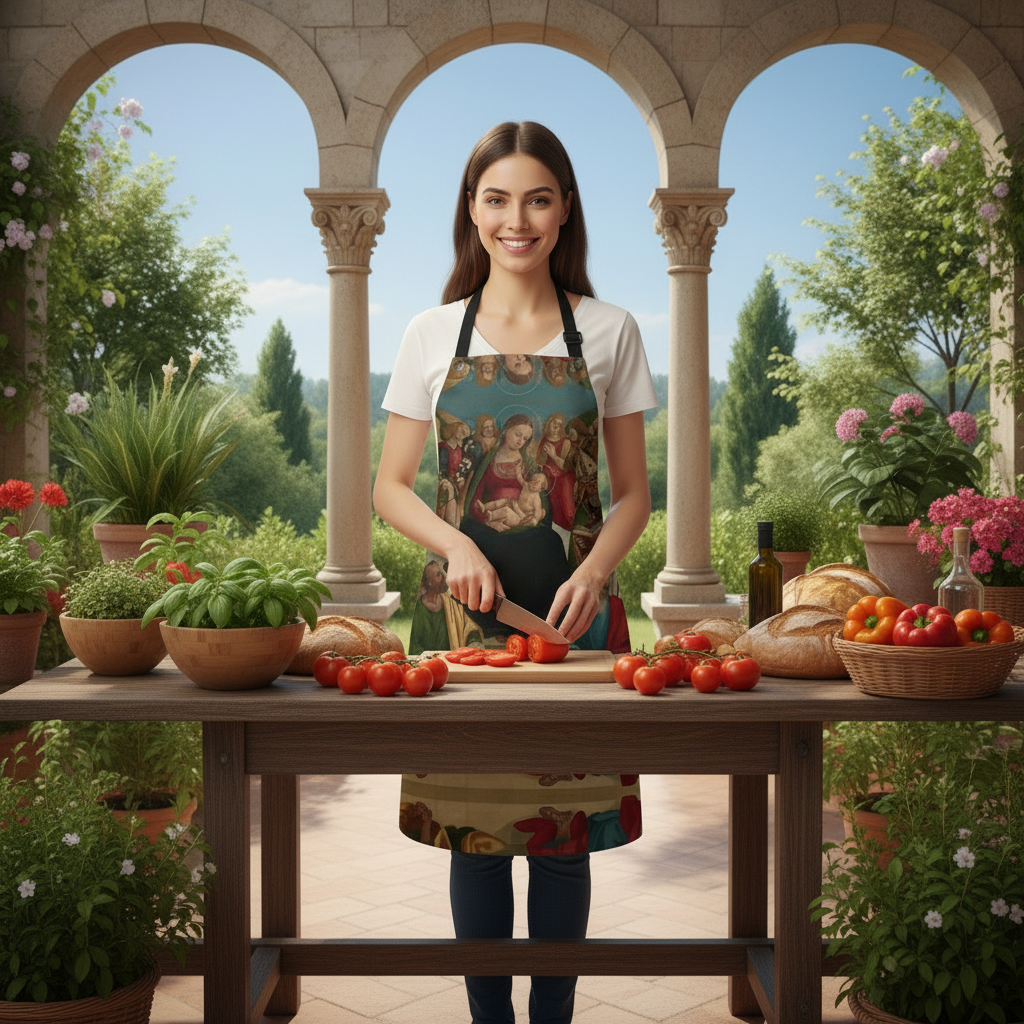 Lifestyle image of model wearing apron while preparing food on garden terrace