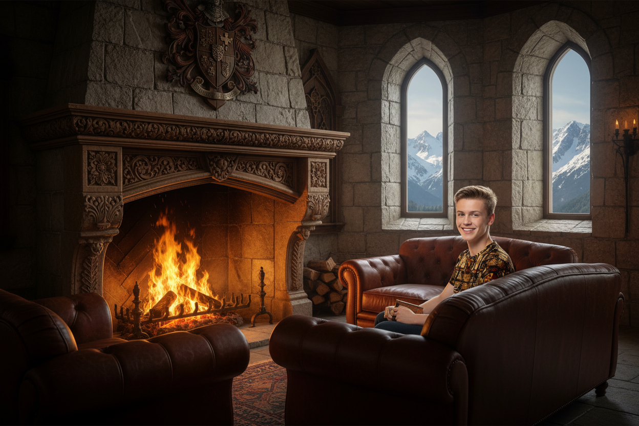 Lifestyle image of youth wearing armorial panel t-shirt in medieval castle