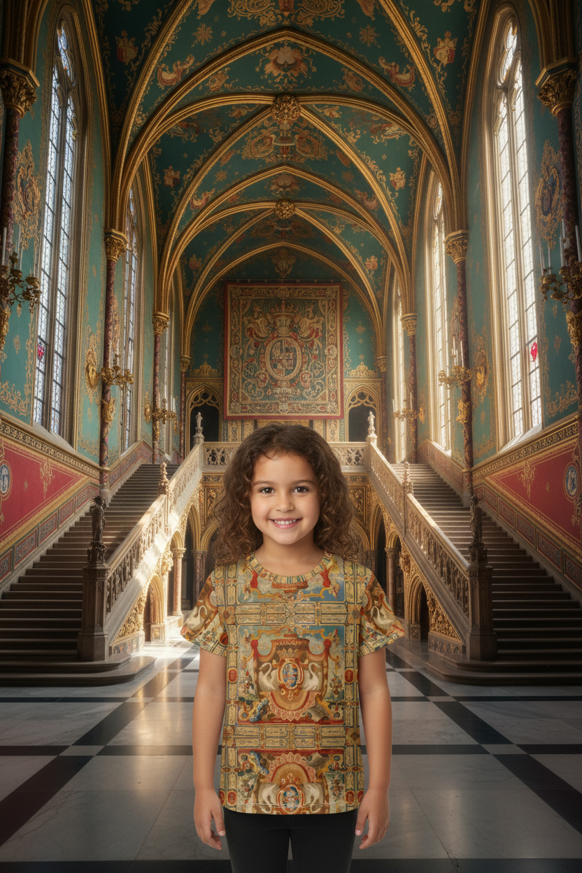 Little girl wearing Arms of the Greder Family all-over print t-shirt with no white at neckline in grand castle