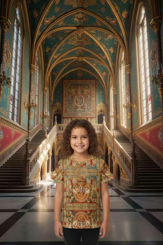 Little girl wearing Arms of the Greder Family all-over print t-shirt with no white at neckline in grand castle