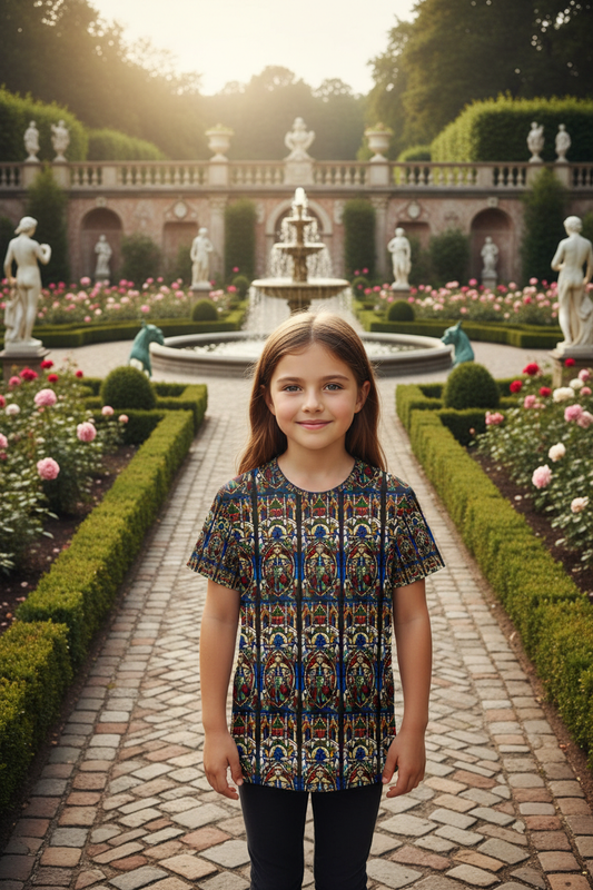 Little girl wearing Madonna of Mercy Stained Glass sports jersey in Renaissance era garden