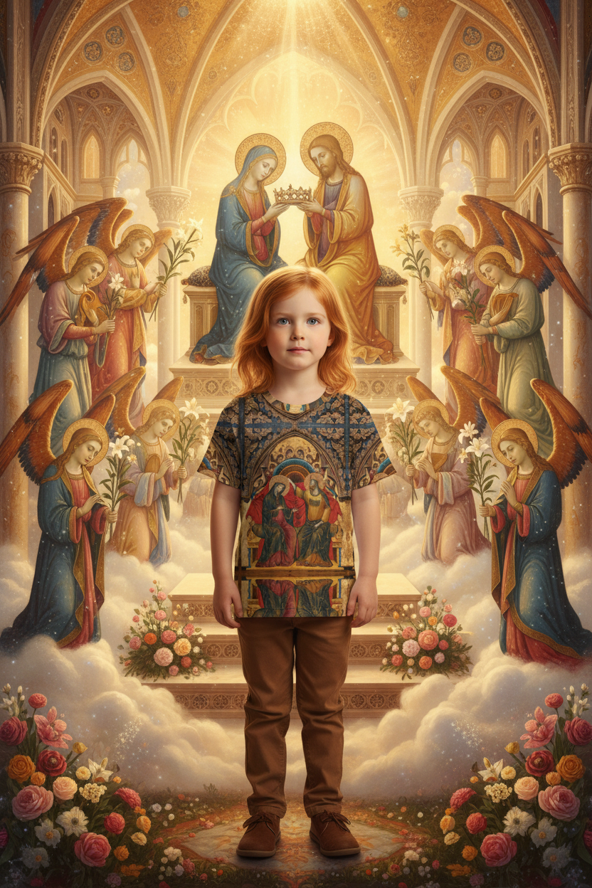 Little girl with reddish blonde hair wearing Coronation of the Virgin all-over print t-shirt in heavenly scene with angels and Mary being crowned