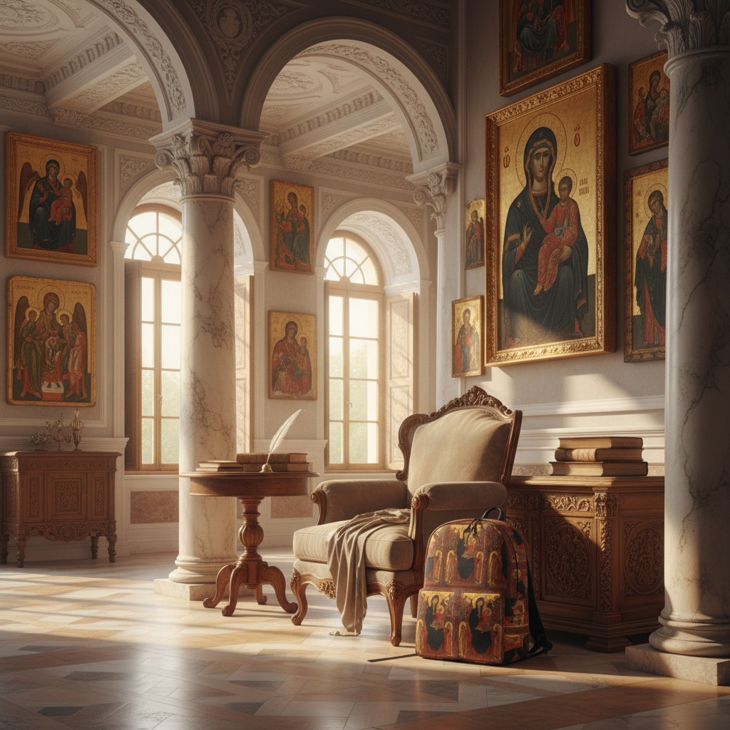 Madonna and Child backpack in lived-in Renaissance scene