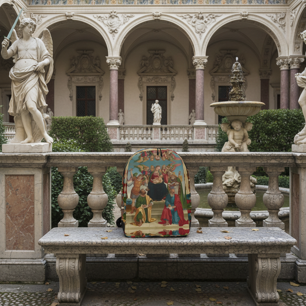 Madonna and Child backpack with religious statues