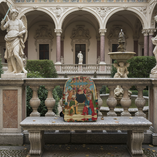 Madonna and Child backpack with religious statues