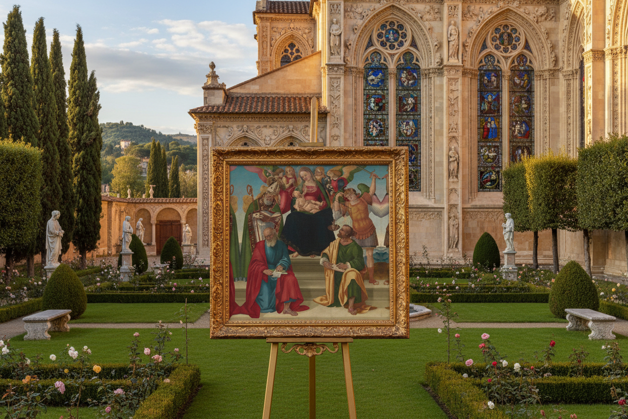Madonna and Child Canvas with Fountains and Benches